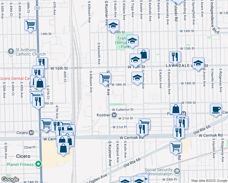 map of restaurants, bars, coffee shops, grocery stores, and more near 4338 West 18th Street in Chicago