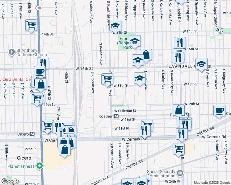 map of restaurants, bars, coffee shops, grocery stores, and more near 4338 West 18th Street in Chicago