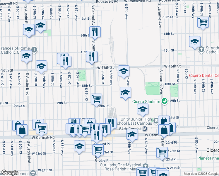 map of restaurants, bars, coffee shops, grocery stores, and more near 1810 South 55th Avenue in Cicero