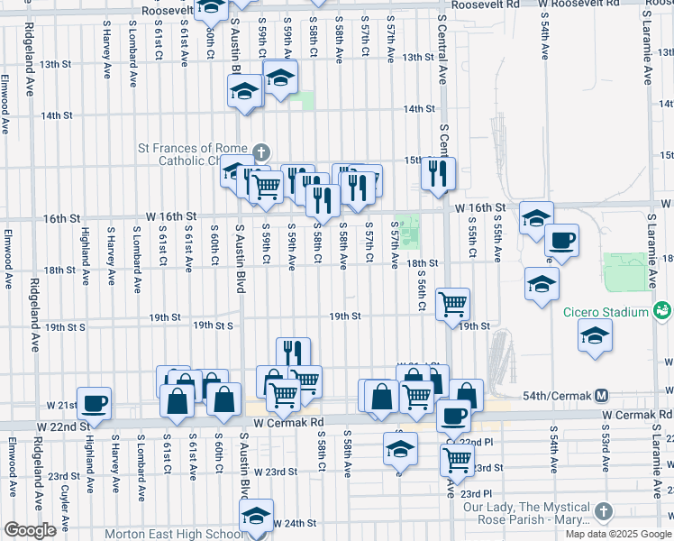 map of restaurants, bars, coffee shops, grocery stores, and more near 1806 South 58th Avenue in Cicero