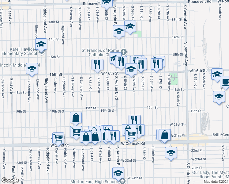map of restaurants, bars, coffee shops, grocery stores, and more near 1808 South Austin Boulevard in Cicero