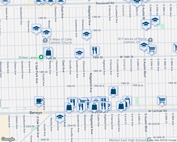 map of restaurants, bars, coffee shops, grocery stores, and more near 1801 Elmwood Avenue in Berwyn