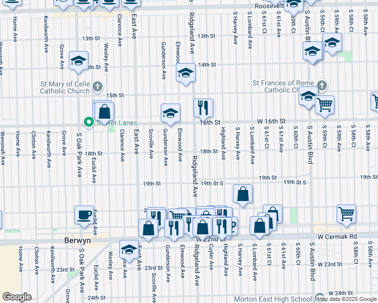 map of restaurants, bars, coffee shops, grocery stores, and more near 1801 Elmwood Avenue in Berwyn