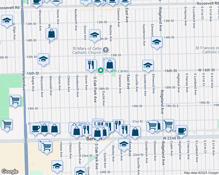 map of restaurants, bars, coffee shops, grocery stores, and more near 1801 Euclid Avenue in Berwyn