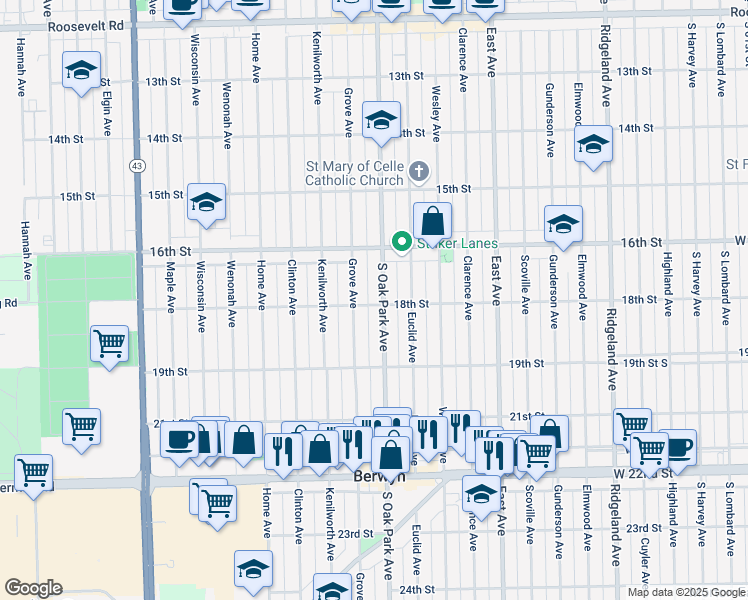 map of restaurants, bars, coffee shops, grocery stores, and more near in Berwyn