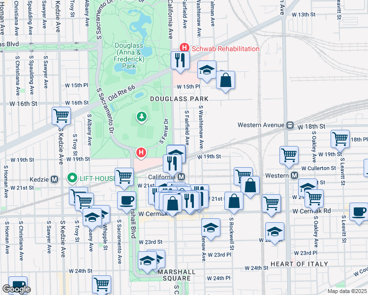 map of restaurants, bars, coffee shops, grocery stores, and more near 1840 South Fairfield Avenue in Chicago