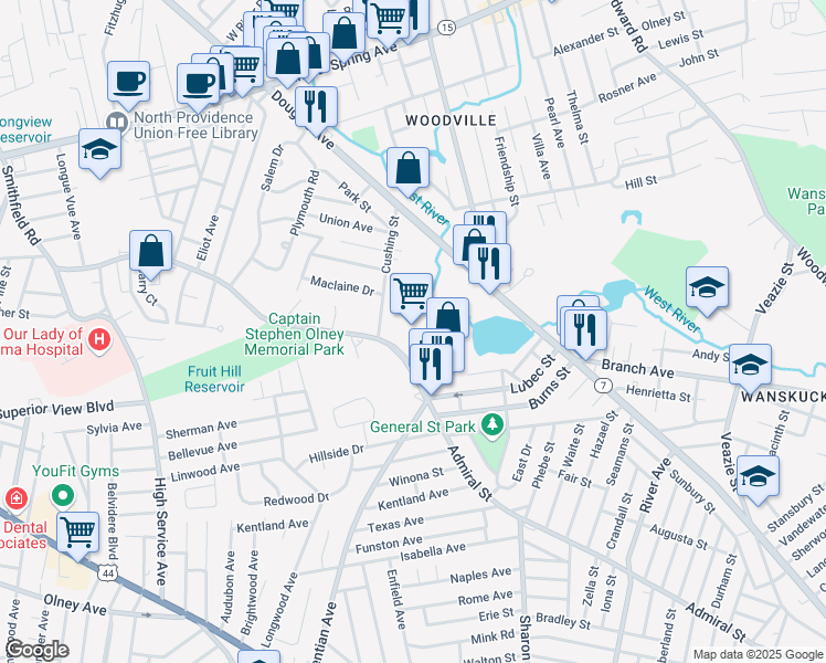 map of restaurants, bars, coffee shops, grocery stores, and more near 64 Cushing Street in North Providence