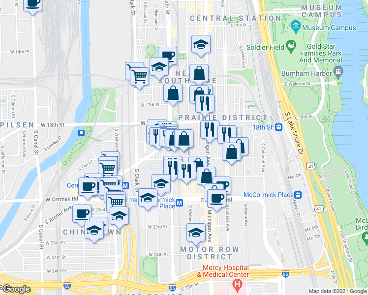 map of restaurants, bars, coffee shops, grocery stores, and more near 1910 South Wabash Avenue in Chicago