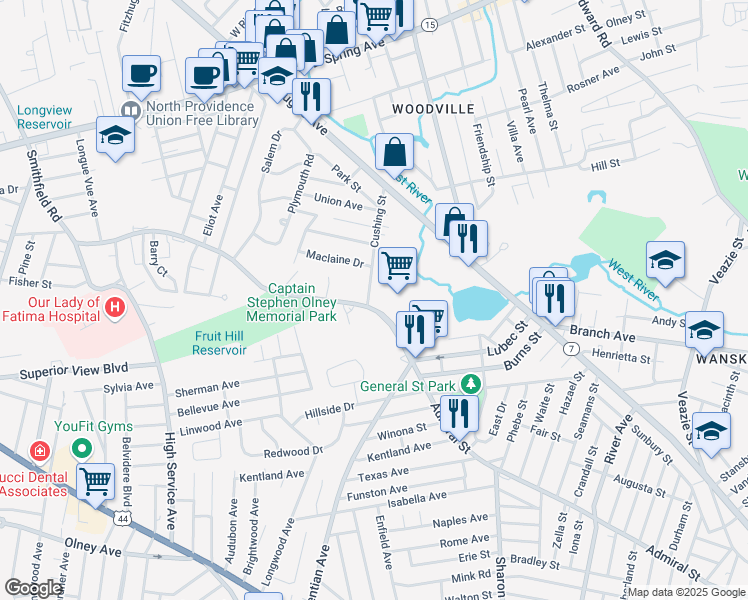 map of restaurants, bars, coffee shops, grocery stores, and more near 64 Cushing Street in North Providence