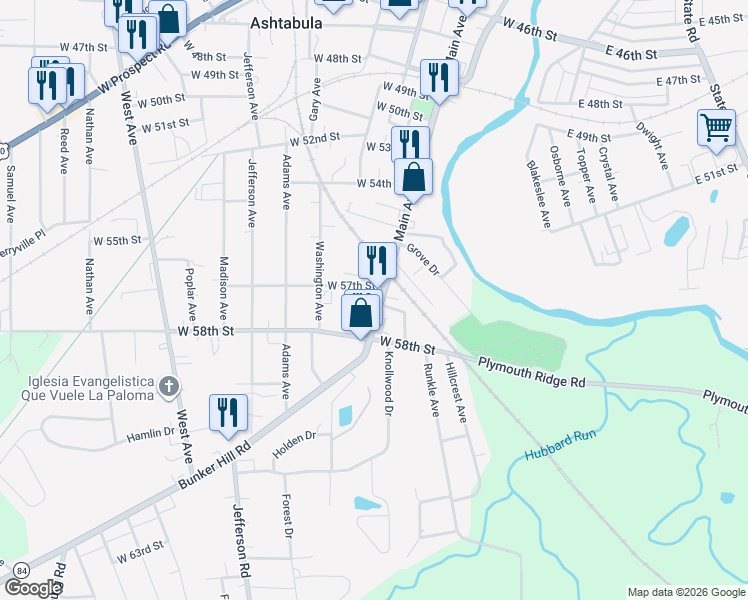 map of restaurants, bars, coffee shops, grocery stores, and more near 5736 Main Avenue in Ashtabula