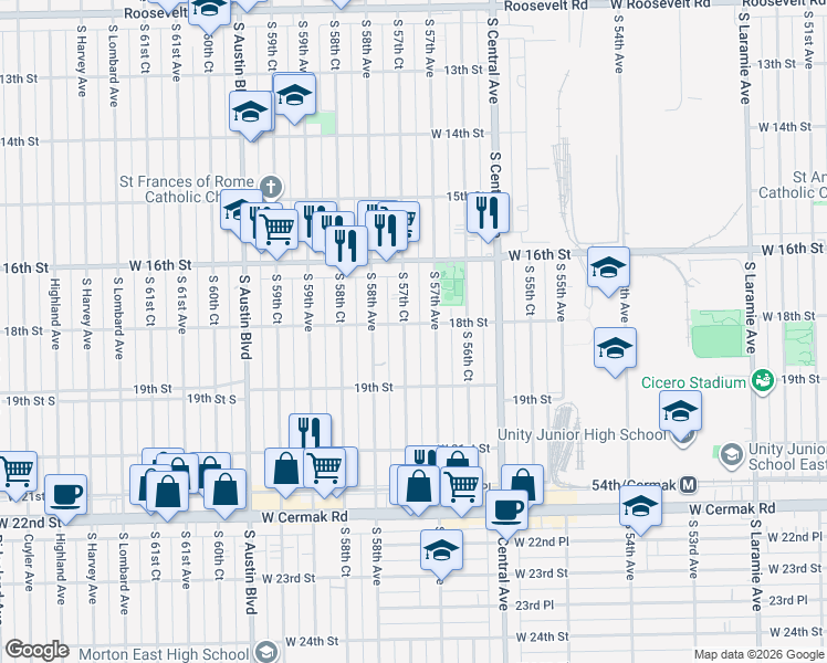 map of restaurants, bars, coffee shops, grocery stores, and more near 1810 South 57th Court in Cicero