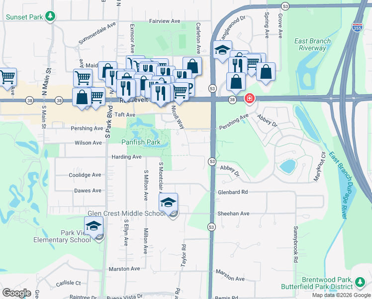 map of restaurants, bars, coffee shops, grocery stores, and more near 97 Nicoll Way in Glen Ellyn