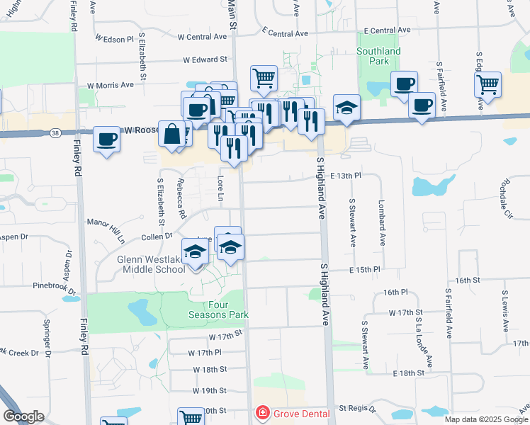 map of restaurants, bars, coffee shops, grocery stores, and more near 19 14th Street in Lombard