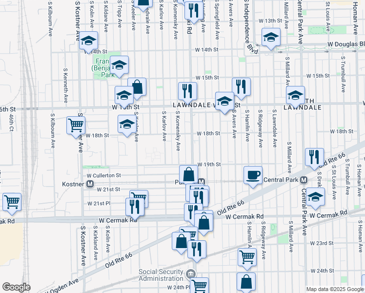 map of restaurants, bars, coffee shops, grocery stores, and more near 1829 South Komensky Avenue in Chicago