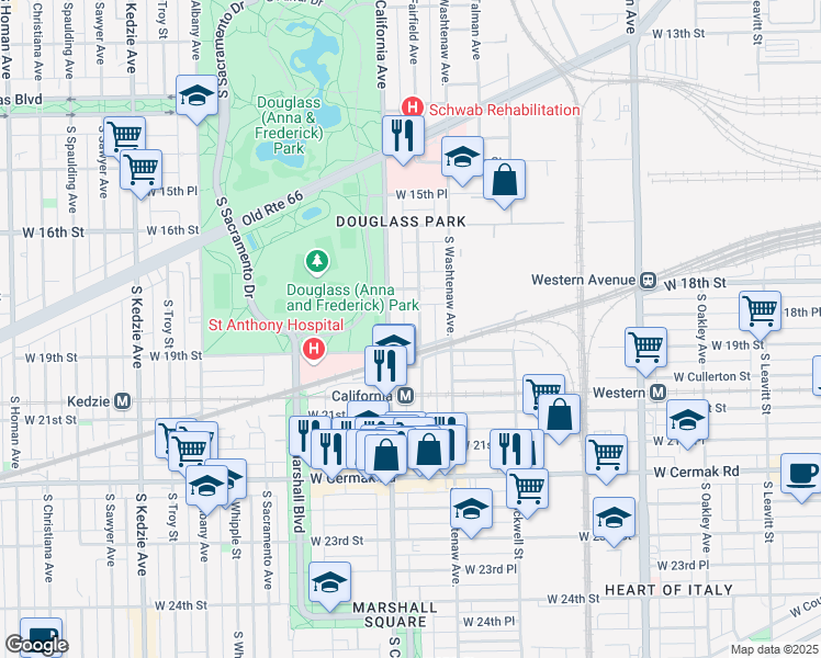 map of restaurants, bars, coffee shops, grocery stores, and more near 1840 South Fairfield Avenue in Chicago