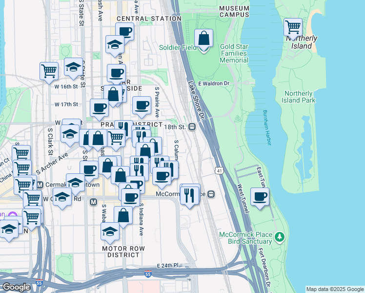 map of restaurants, bars, coffee shops, grocery stores, and more near 1843 South Calumet Avenue in Chicago