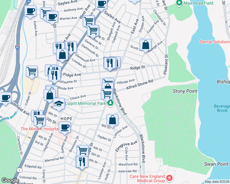 map of restaurants, bars, coffee shops, grocery stores, and more near 669 Blackstone Boulevard in Providence
