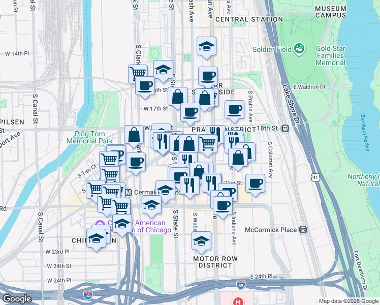 map of restaurants, bars, coffee shops, grocery stores, and more near 1918 South Wabash Avenue in Chicago