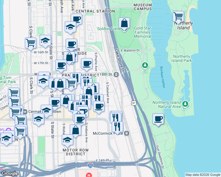 map of restaurants, bars, coffee shops, grocery stores, and more near 1901 South Calumet Avenue in Chicago