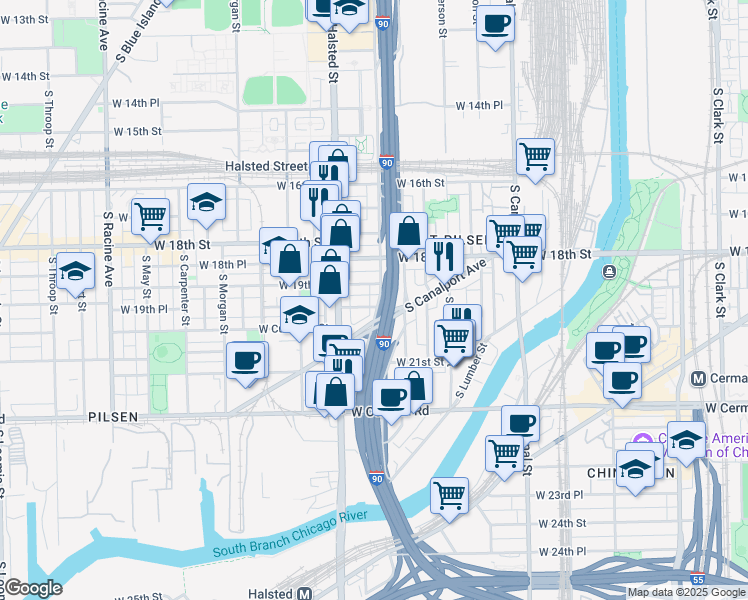 map of restaurants, bars, coffee shops, grocery stores, and more near 702 West 19th Place in Chicago