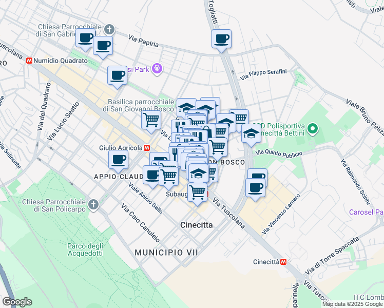 map of restaurants, bars, coffee shops, grocery stores, and more near 31 Via Caio Rutilio in Rome