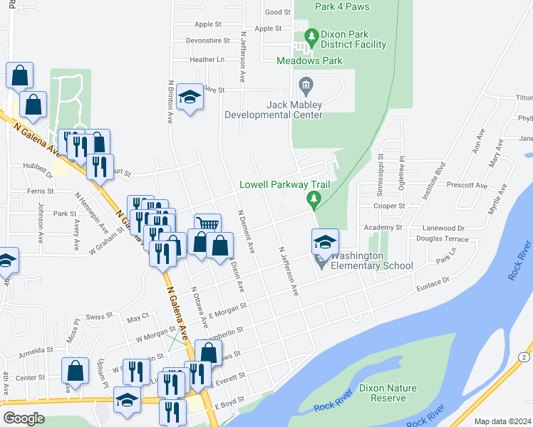 map of restaurants, bars, coffee shops, grocery stores, and more near 811 North Jefferson Avenue in Dixon