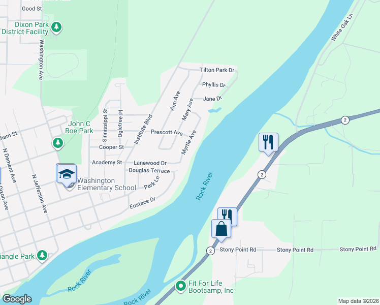 map of restaurants, bars, coffee shops, grocery stores, and more near 910 Myrtle Avenue in Dixon