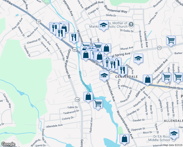 map of restaurants, bars, coffee shops, grocery stores, and more near 45 Grover Street in North Providence