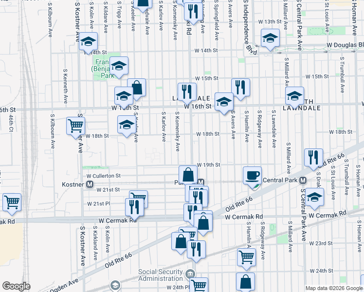 map of restaurants, bars, coffee shops, grocery stores, and more near 1837 South Komensky Avenue in Chicago