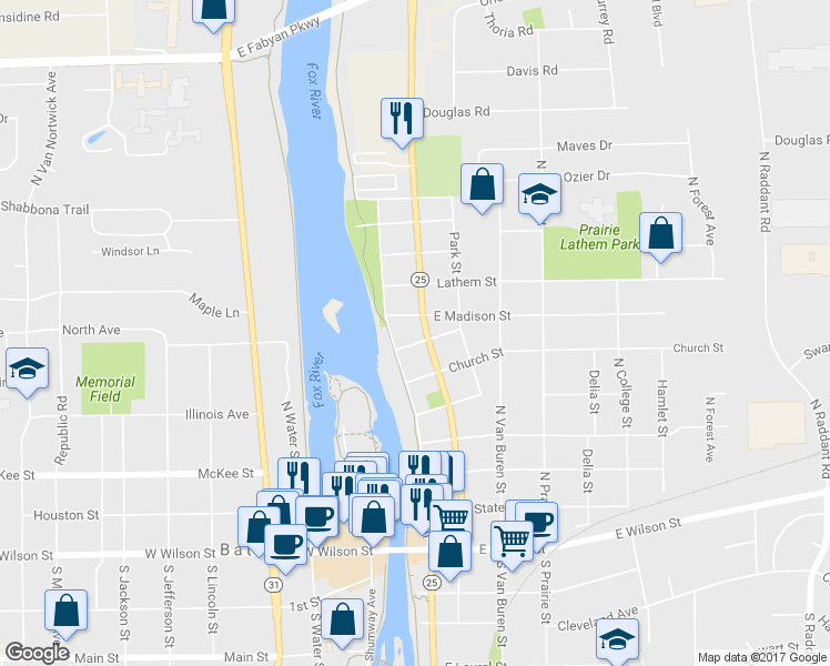 map of restaurants, bars, coffee shops, grocery stores, and more near 123 Fayette Street in Batavia