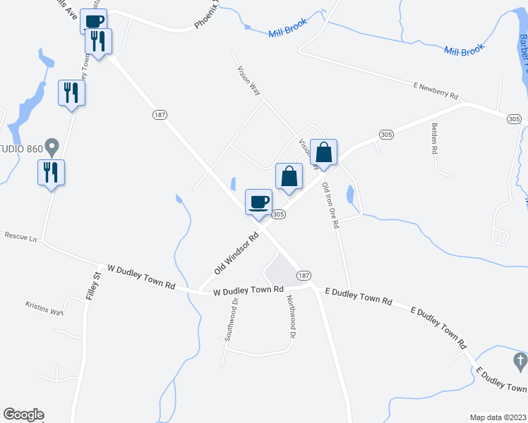 map of restaurants, bars, coffee shops, grocery stores, and more near 6 Old Windsor Road in Bloomfield