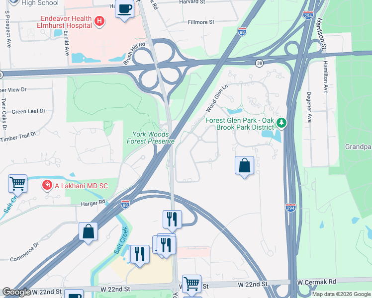 map of restaurants, bars, coffee shops, grocery stores, and more near 5 Meadowood Drive in Oak Brook