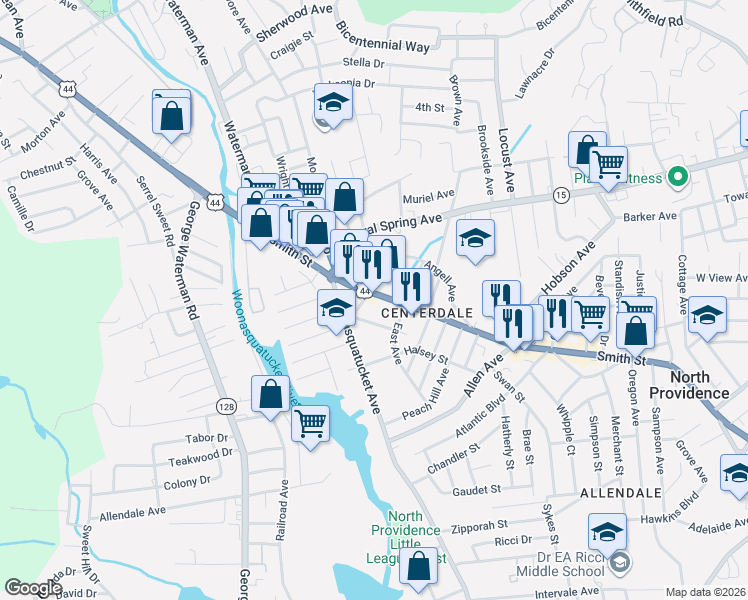 map of restaurants, bars, coffee shops, grocery stores, and more near 1942 Smith Street in North Providence