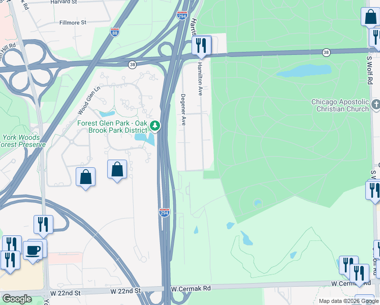 map of restaurants, bars, coffee shops, grocery stores, and more near 1330 Hamilton Avenue in Elmhurst