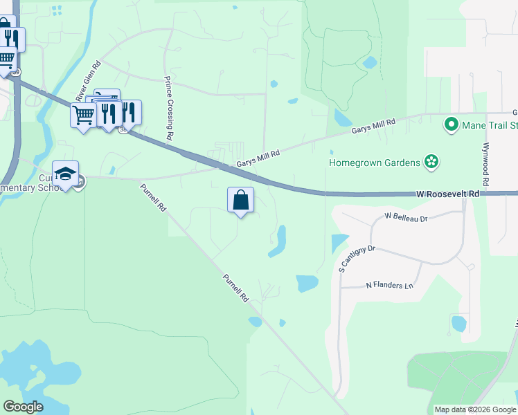 map of restaurants, bars, coffee shops, grocery stores, and more near 28W521 Roosevelt Road in Winfield