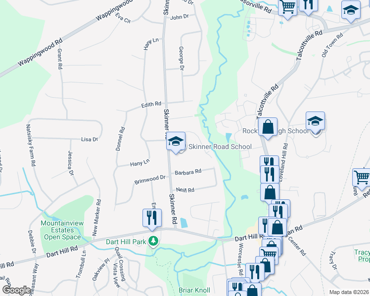 map of restaurants, bars, coffee shops, grocery stores, and more near 90 Skinner Road in Vernon