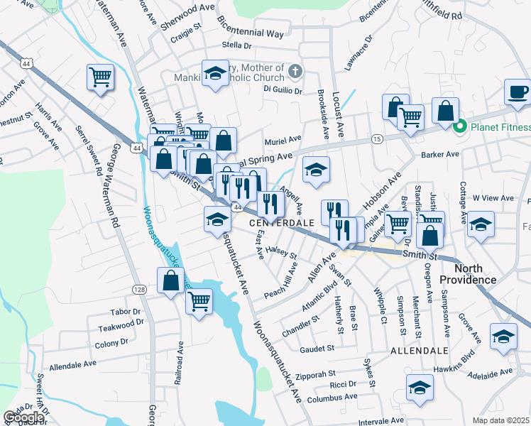 map of restaurants, bars, coffee shops, grocery stores, and more near 1911 Smith Street in North Providence