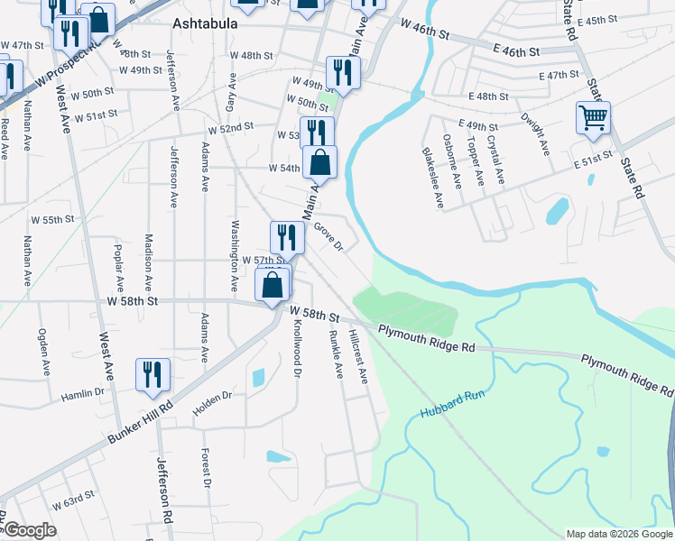 map of restaurants, bars, coffee shops, grocery stores, and more near 81 Ross Road in Ashtabula