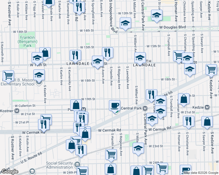 map of restaurants, bars, coffee shops, grocery stores, and more near 1838 South Hamlin Avenue in Chicago