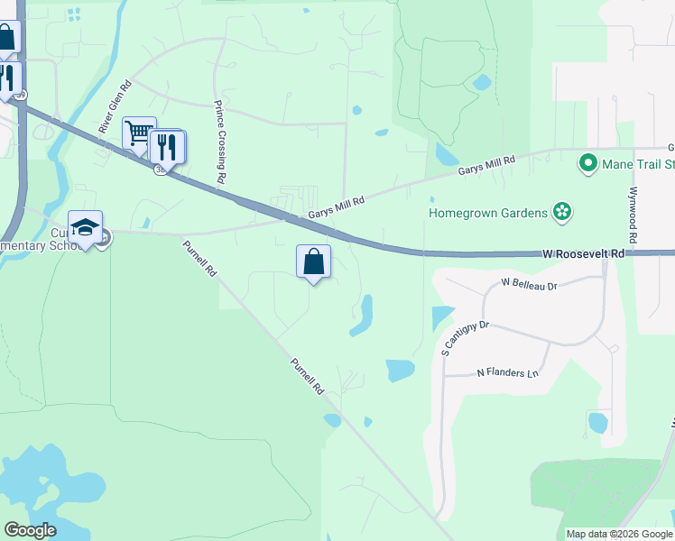map of restaurants, bars, coffee shops, grocery stores, and more near 28W521 Roosevelt Road in Winfield