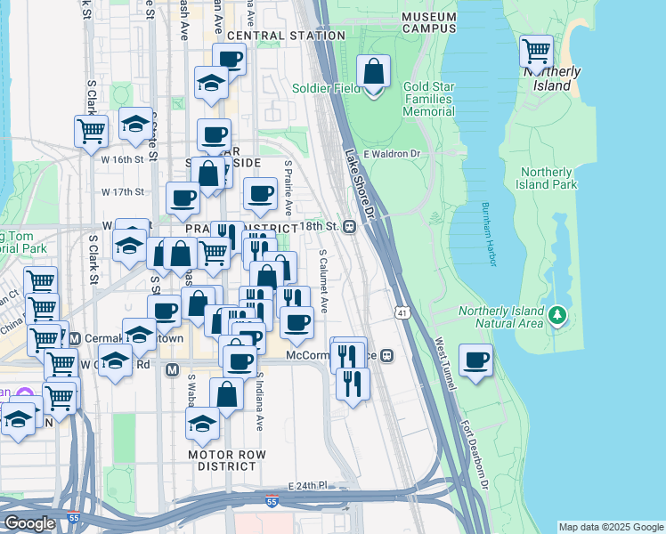 map of restaurants, bars, coffee shops, grocery stores, and more near 1901 South Calumet Avenue in Chicago