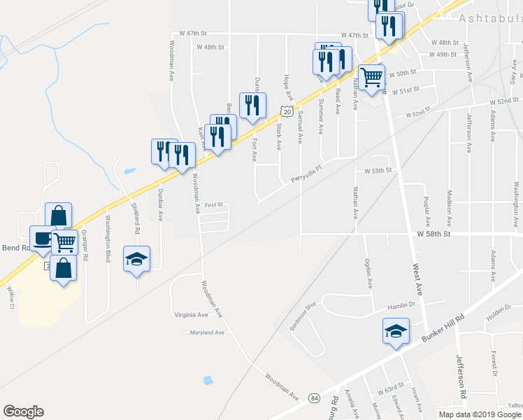 map of restaurants, bars, coffee shops, grocery stores, and more near 1606 Perryville Place in Ashtabula