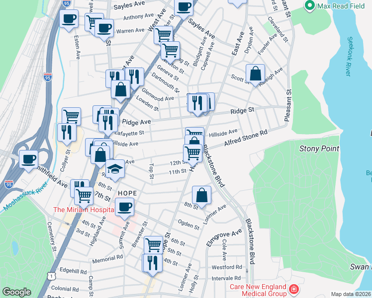 map of restaurants, bars, coffee shops, grocery stores, and more near 201 Chace Avenue in Providence