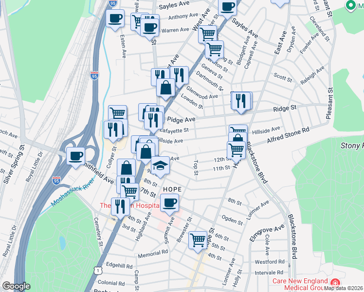 map of restaurants, bars, coffee shops, grocery stores, and more near 56 Greaton Drive in Providence