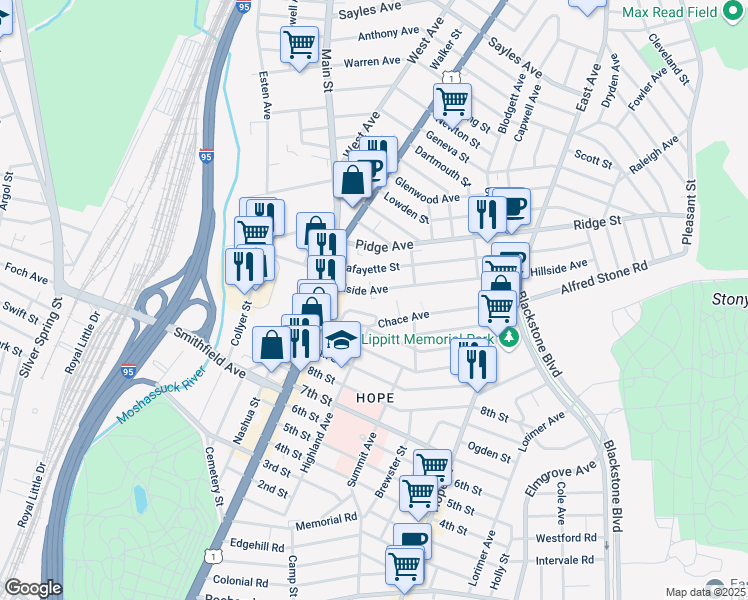 map of restaurants, bars, coffee shops, grocery stores, and more near 56 Greaton Drive in Providence