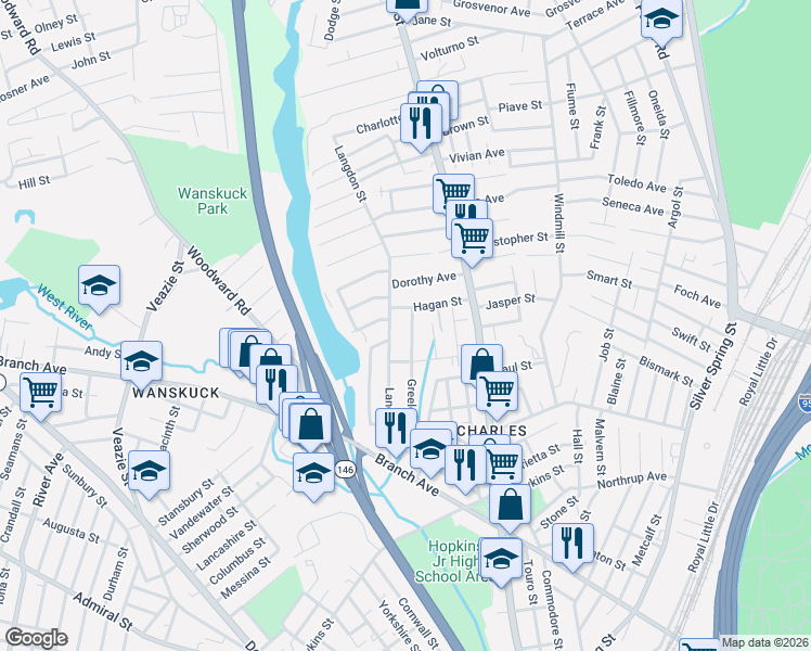 map of restaurants, bars, coffee shops, grocery stores, and more near 204 Greeley Street in Providence
