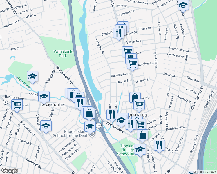 map of restaurants, bars, coffee shops, grocery stores, and more near 204 Greeley Street in Providence