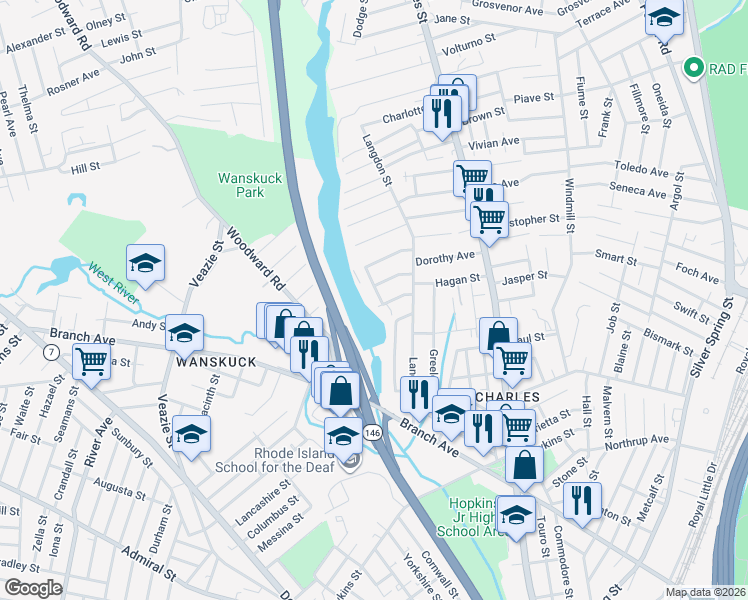 map of restaurants, bars, coffee shops, grocery stores, and more near 36 Newbury Street in Providence