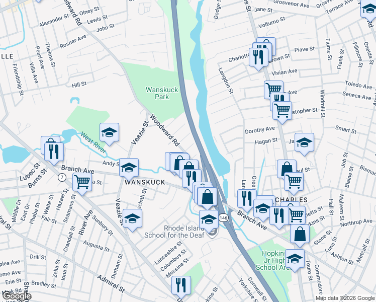 map of restaurants, bars, coffee shops, grocery stores, and more near 11 Squanto Street in Providence