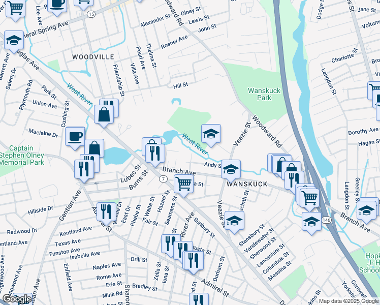 map of restaurants, bars, coffee shops, grocery stores, and more near 65 Wild Street in Providence